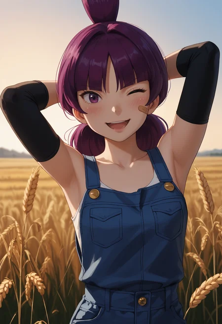 score_9, score_8_up,score_7_up, source_anime, 1girl, solo, <lora:Jptr_pdxl_EliPot:1>, gingadanjupiter, purple hair, purple eyes, medium hair,
 one eye closed, armpits, blue overalls, bandaid on face, cleavage, looking at viewer, shadow, smile, ;d, collarbone, upper body, v, open mouth, arms behind head, arms up, blush, tank top, outdoors, wheat field, sunset, (zix)