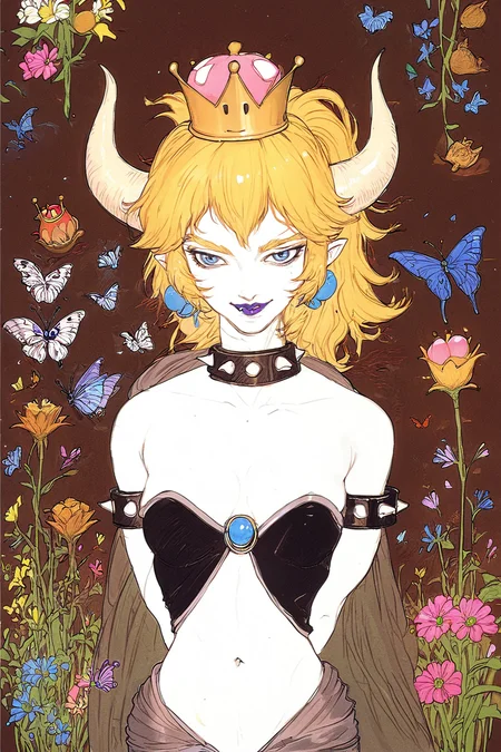 score_7_up, score_6_up, 1girl, solo, Bowsette, flowers, crown, butterfly, navel, upper body, lipstick, looking at viewer,
<lora:YOSHITAKA_AMANO_style-000009:1>,