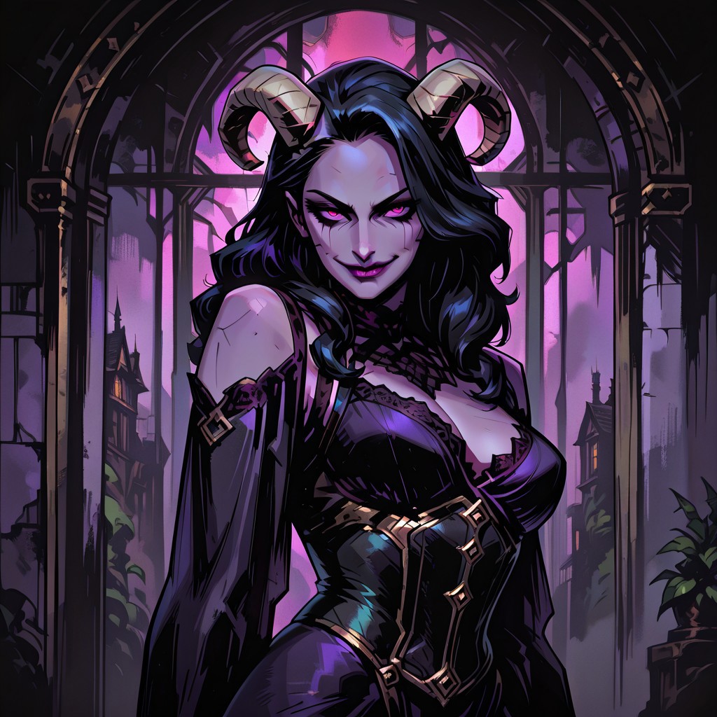 masterpiece, best quality, newest, absurdres, highres, TTCSV1.0, 1girl, purple skin, purple colored skin, black hair, long hair, curly hair, horns, demon horns, demon girl, dress, long hair, mature woman, seductive, seductive smile, medium brests, medival, medival clothes, corset, pink eyes,