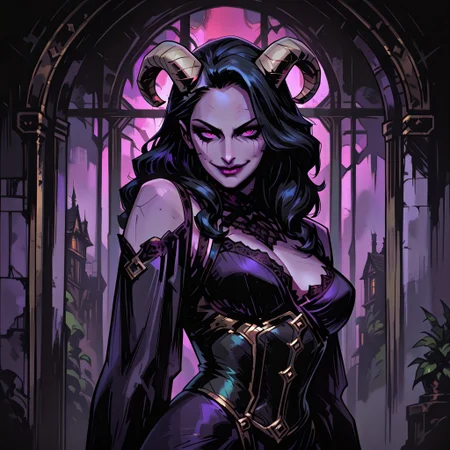masterpiece, best quality, newest, absurdres, highres, TTCSV1.0, 1girl, purple skin, purple colored skin, black hair, long hair, curly hair, horns, demon horns, demon girl, dress, long hair, mature woman, seductive, seductive smile, medium brests, medival, medival clothes, corset, pink eyes,