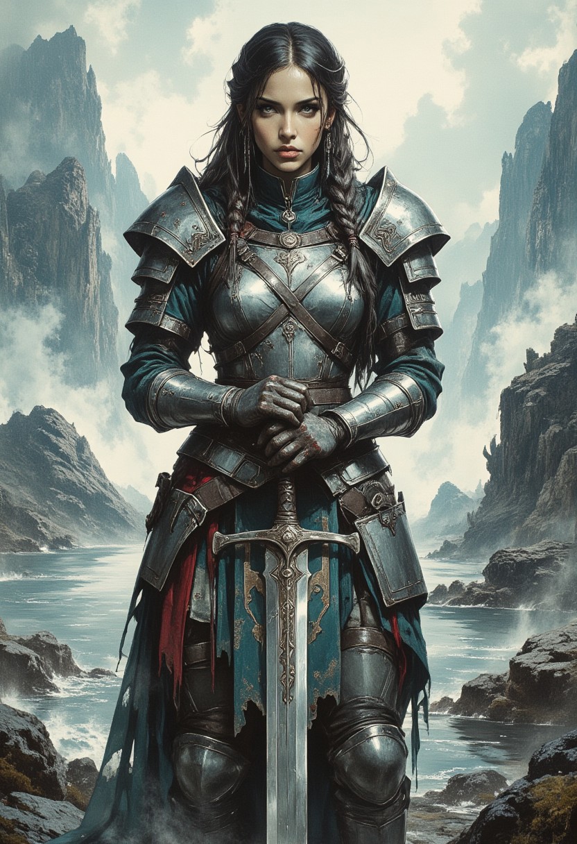 a female warrior. the scene is set in a misty, mountainous landscape with rocky formations and a body of water in the background. the warrior stands in a three-quarter profile facing left, resting her hands on a large sword. she is clad in ornate, viking-style armor with a mix of silver and blue hues, adorned with intricate patterns and decorations. her armor includes a shoulder pauldron, gauntlets, and greaves, with a tunic that has red and green accents. her long, braided hair is slightly messy, adding to her fierce appearance. the lighting is soft and diffused, creating a mystical atmosphere. the view angle is slightly low, emphasizing her imposing stature and the grandeur of her surroundings. the overall style of the image is somber yet majestic, capturing the essence of a brave and noble warrior in a serene, otherworldly environment.