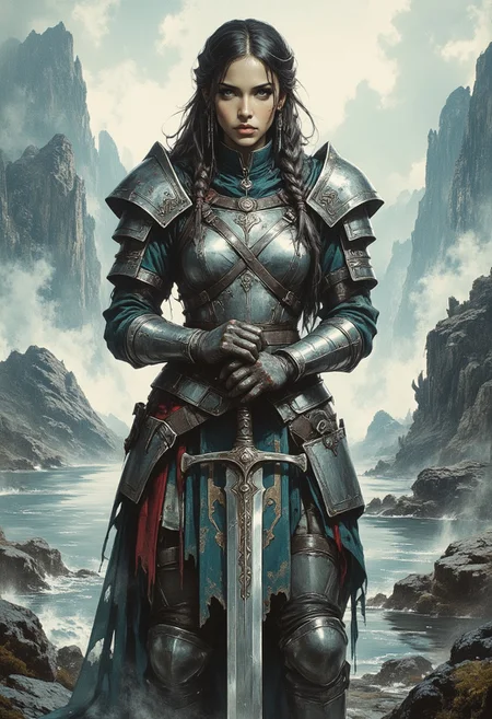 a female warrior. the scene is set in a misty, mountainous landscape with rocky formations and a body of water in the background. the warrior stands in a three-quarter profile facing left, resting her hands on a large sword. she is clad in ornate, viking-style armor with a mix of silver and blue hues, adorned with intricate patterns and decorations. her armor includes a shoulder pauldron, gauntlets, and greaves, with a tunic that has red and green accents. her long, braided hair is slightly messy, adding to her fierce appearance. the lighting is soft and diffused, creating a mystical atmosphere. the view angle is slightly low, emphasizing her imposing stature and the grandeur of her surroundings. the overall style of the image is somber yet majestic, capturing the essence of a brave and noble warrior in a serene, otherworldly environment.
