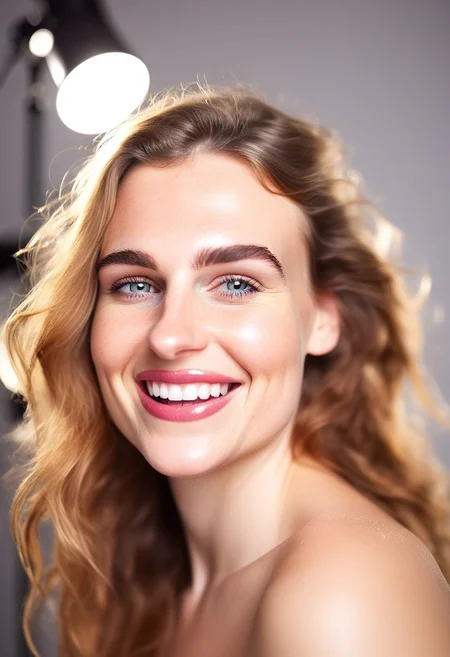 30yo american woman in a photostudio
Modeling High cut, high Quality Dress.
Slight makeup, heavy rimmel. Clear skin.  realistic skin style
Long messy stylish hair. 
Shooting light, indors, cable light
Studio background.
Winking, lip bite. Smiling. \(biting on own lips\)
Bokeh. Heavy Bokeh light.