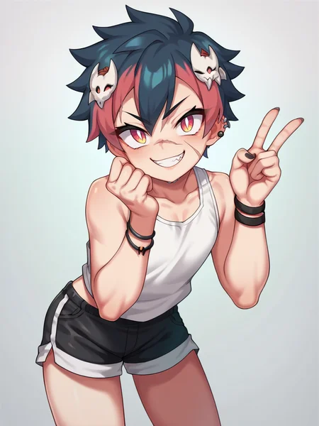 score_9, score_8_up, score_7_up, very cute face, tomboy, white tank top, shorts, piercing, bracelet, scar on face, front, leaning forward, v, evil smile, piercing, looking at viewer, simple background, dynamic pose, cowboy shot, hair ornament, multicolored hair,
<lora:ABfuraiPony_stye:1>,AbfuraiXL