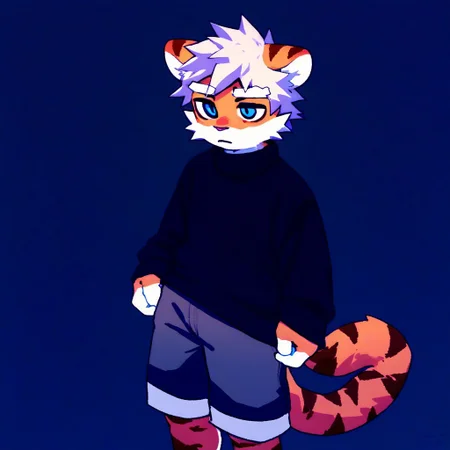 score_9_up, score_8_up, score_7_up, source_furry, atlyssstyle, low poly, milkytiger, tiger ears, tiger boy, white eyebrows, blue eyes, 1boy, solo, black sweater, gray shorts