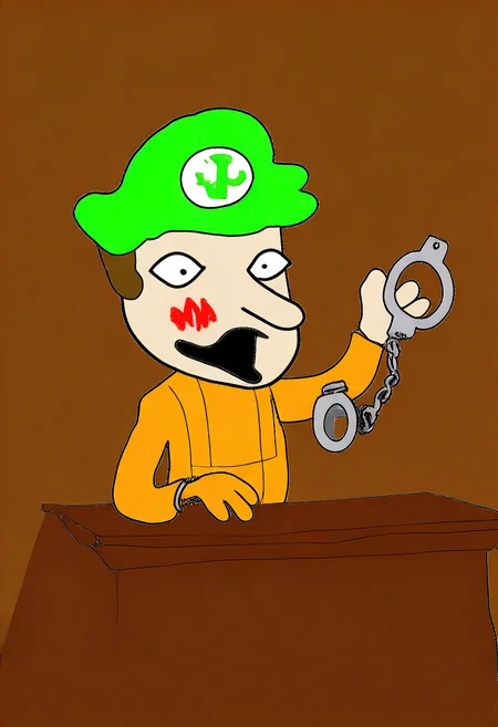 masterpiece, very aesthetic, sbhj, bad quality, worst quality, worst detail, 1boy, solo, Luigi (super mario), hat, handcuffs, angry, orange prison jumpsuit, courtroom, upper body, anger mark