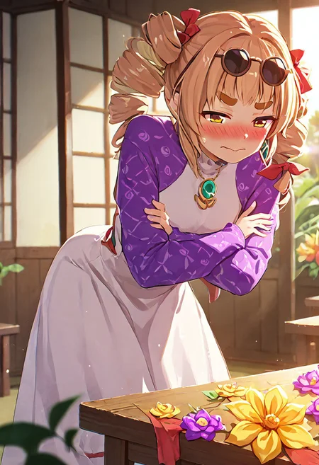 1girl, solo, yorigami jo'on, (drill hair:1.2), (eyewear on head:1.3), (jewelry:1.3), (white dress:1.4), (purple jacket:1.5), (facing camera:0.8), (slightly open mouth:0.1), natural pose, (light entering from left:1.5), (Japanese-style temple:1.5), (sliding doors:1.4), (vibrant flower garden:1.2), (blurred temples in background:0.8), (character's left shoulder closer:1.3), (thick paint style:1.4), (facing down shyly:1.1), (blushing:0.7), (jewelry:1.3), (white dress:1.4), (purple jacket:1.1), (facing camera:1.5), (shy smile:0.2), (nervous smile:0.7), (head tilted clockwise:1.3), (shoulders slightly hunched:1.2), (sliding doors:1.4), (vibrant flower garden:1.2), (blurred temples in background:0.8), (arms resting on table:1.5), (hands resting firmly on table:1.2), (arms on table:1.6), (no hand movement:1.3), (crossed arms on table:1.6), (thick paint style:1.4), (head slightly tilted:1.3), (furrowed brows:1.7), (mouth slightly open with smile:0.4), (embarrassed:1.5)(looking at the camera:1.6), (playful yet uncomfortable expression:1.2), (slight shoulder shrug:1.3), body leaning slightly forward, soft sunlight shining in from the left, temple room with sliding doors half-open, colorful flowers outside, other distant Japanese buildings blurred, (morning light:0.8), (bright:0.6), warm lighting, anime style highly detailed shadows, warm atmosphere, anime art style, sunlight on face, soft glow. <lora:char-joon:1>