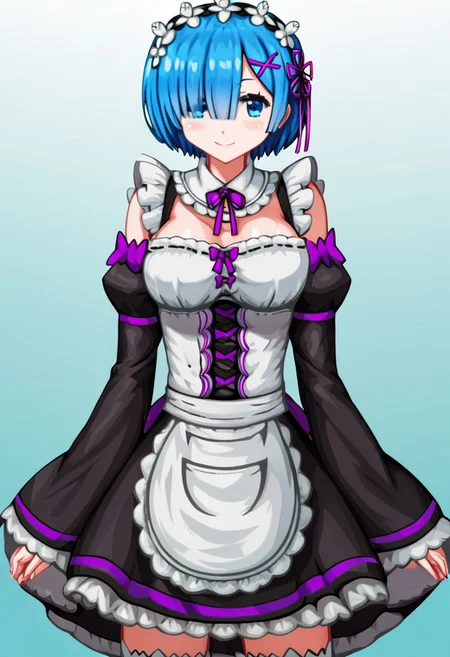 score_4,score_5,score_6,score_7_up,score_8_up,score_9
((masterpiece,best quality,ultra detailed,highres,HD,4k:1.2)),
(large breast,giant breast:1.2),1 cute girl,solo,
Rem,blue eyes,blue hair, hair ornament, hair over one eye, hair ribbon, short hair, x hair ornament
apron, black ribbon, black skirt, black sleeves, detached collar, detached sleeves, flower, frilled apron, frilled skirt, frills, head wreath, long sleeves, maid, miniskirt, neck ribbon, purple ribbon, ribbon, ribbon trim, ribbon-trimmed sleeves, roswaal mansion maid uniform, short hair, skirt, thighhighs, waist apron, white apron, white thighhighs,
smile,