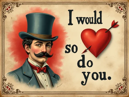 old timey valentines day card with the text "I would so do you", heart with arrow through it, top hat, handlebar moustache