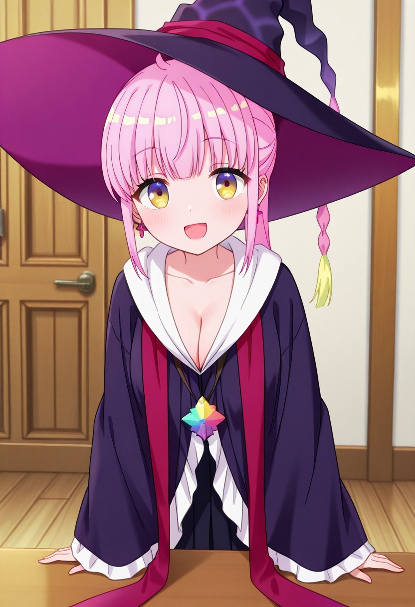 masterpiece, best quality, 32k, high resolution, absurdres, kazairo kotone, open mouth, witch hat, smile, cleavage, witch, indoors, looking at viewer, long sleeves, robe, bow