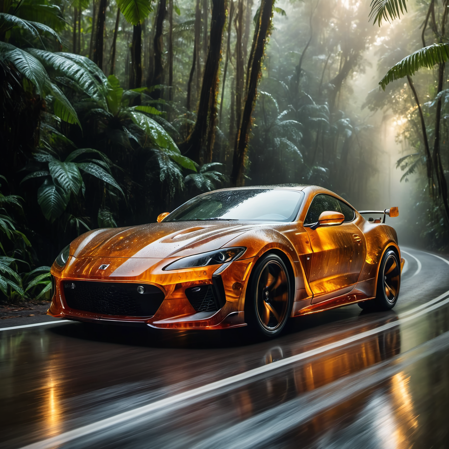 A sleek sports car with a ral-amber finish speeding through a rainforest, droplets creating a misty haze around the glistening vegetation, shot with a Canon EOS R5 for a vivid, cinematic effect <lora:ral-amber-sdxl:1> <lora:EnvyBetterHiresFixXL01:0:hr=1>