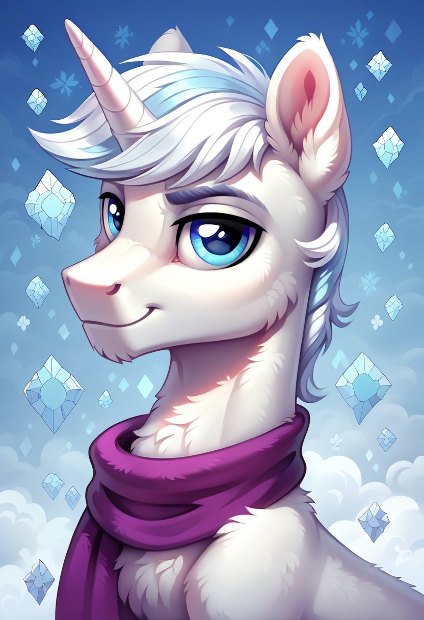 score_9, score_8_up, score_7_up, score_6_up, score_5_up, score_4_up, my little pony, ((feral pony)), ((double diamond)), 1MAN, ((solo)), (sexy), beautiful, detailed, (detailed handsome pony face), detailed blue eyes, ((detailed pure white fur:1.9)), muscular stallion:1.5, beautiful, vector, (beautiful feral unicorn pony), (beautiful white hair), (light blue crystal background:1.5), (looking at you), (calm expression), snowflakes, snowing, purple scarf
