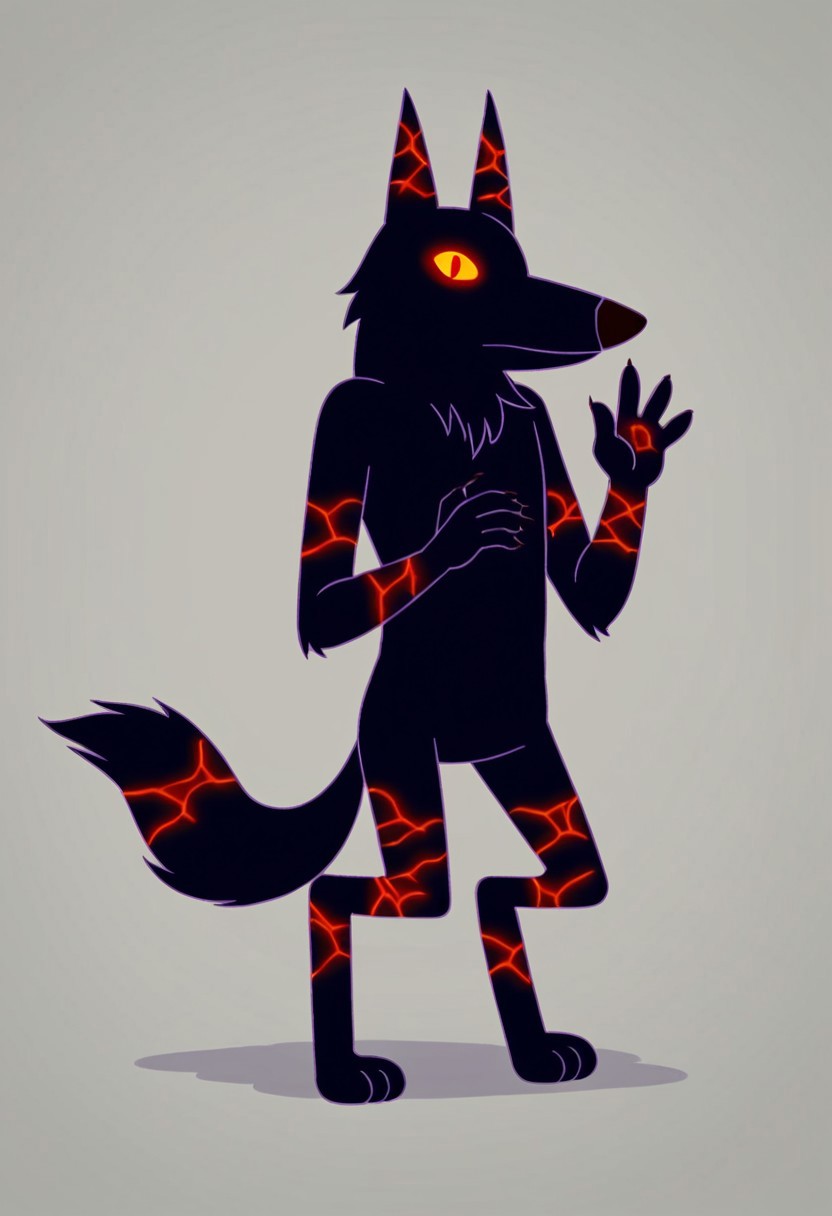 score_9, score_8_up, score_7_up, score_6_up, score_5_up, score_4_up, high quality, hires, 2d (artwork), 2d, cartoon style, ((((solo)))), (Fire Wolf \(Adventure Time\), wolf, ((orange red cracks on wolf body)), volcanic rock like body with cracks, pawhands, anthro, ((((Very dark violet lines))), red pupils, standing upright, ((bipedal)), wolf tail,((( Very dark violet lower lip, )))), Very dark blue black fur, (((anthro))), anthrofied, (((7 teeth))), Very dark blue black body, elemental creature, fire creature, ((nude)), yellow eyes, ((Glowing eyes)), tail, detailed fingers, hands down, ((3 toes)), 4 fingers), background