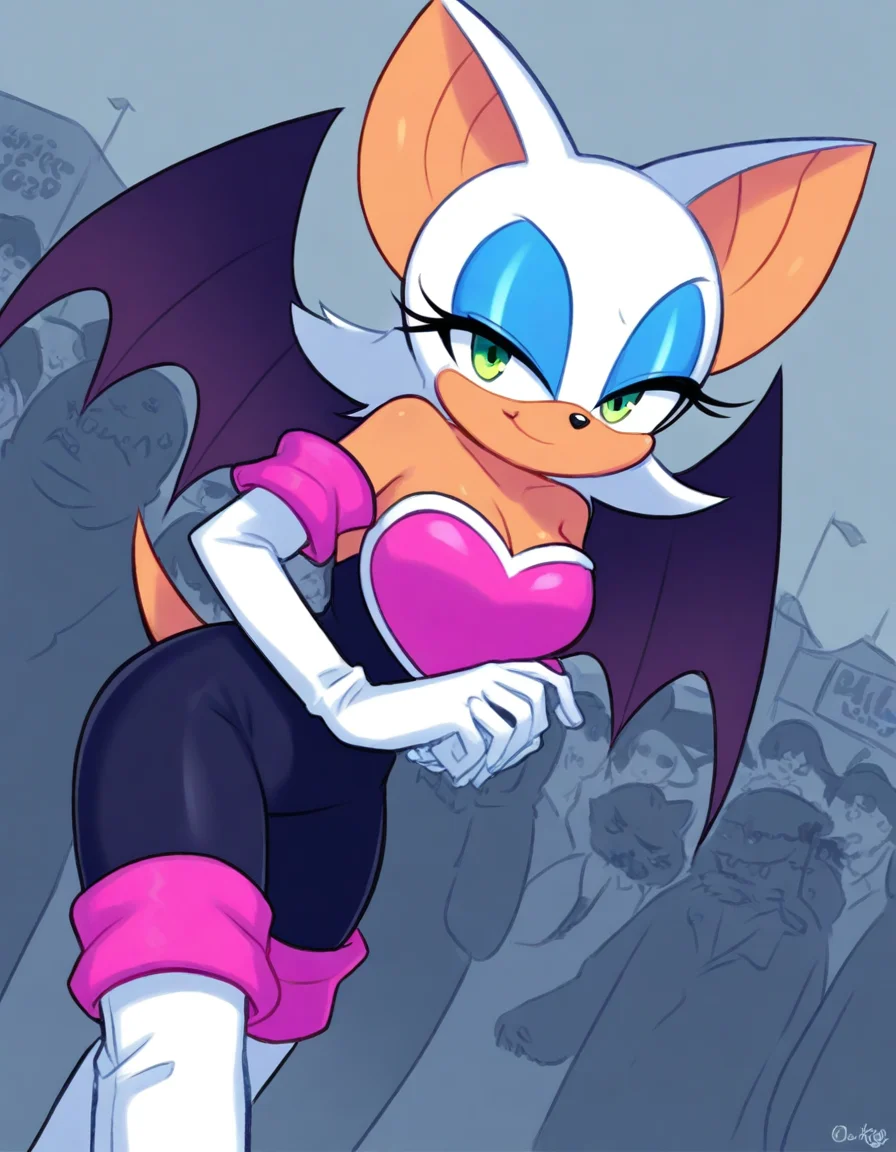 , <lora:rouge-the-bat-illustriousxl-lora-nochekaiser:1>, rouge, animal ears, bat ears, bat girl, bat tail, bat wings, eyeliner, furry, furry female, green eyes, makeup, tail, white hair, wings, eyeshadow,, bare shoulders, boots, elbow gloves, gloves, heart, knee boots, white footwear, white gloves,, street market, vendor, street food, bustling crowd, local flavor, vibrant, , smug, looking at viewer, solo,, dutch angle, cowboy shot