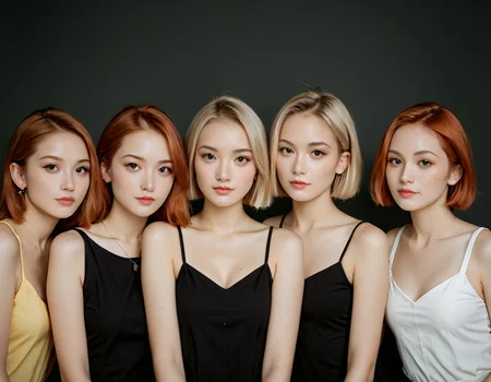 embedding:, score_9, score_8_up, score_7_up, (cute skinny blonde and brunette and redhead girls:1.3), (5girls), (facing camera:0.7), erotic, different faces, small waists, pixie cuts, realistic and detailed 1960s color documentary photography, dramatic film still