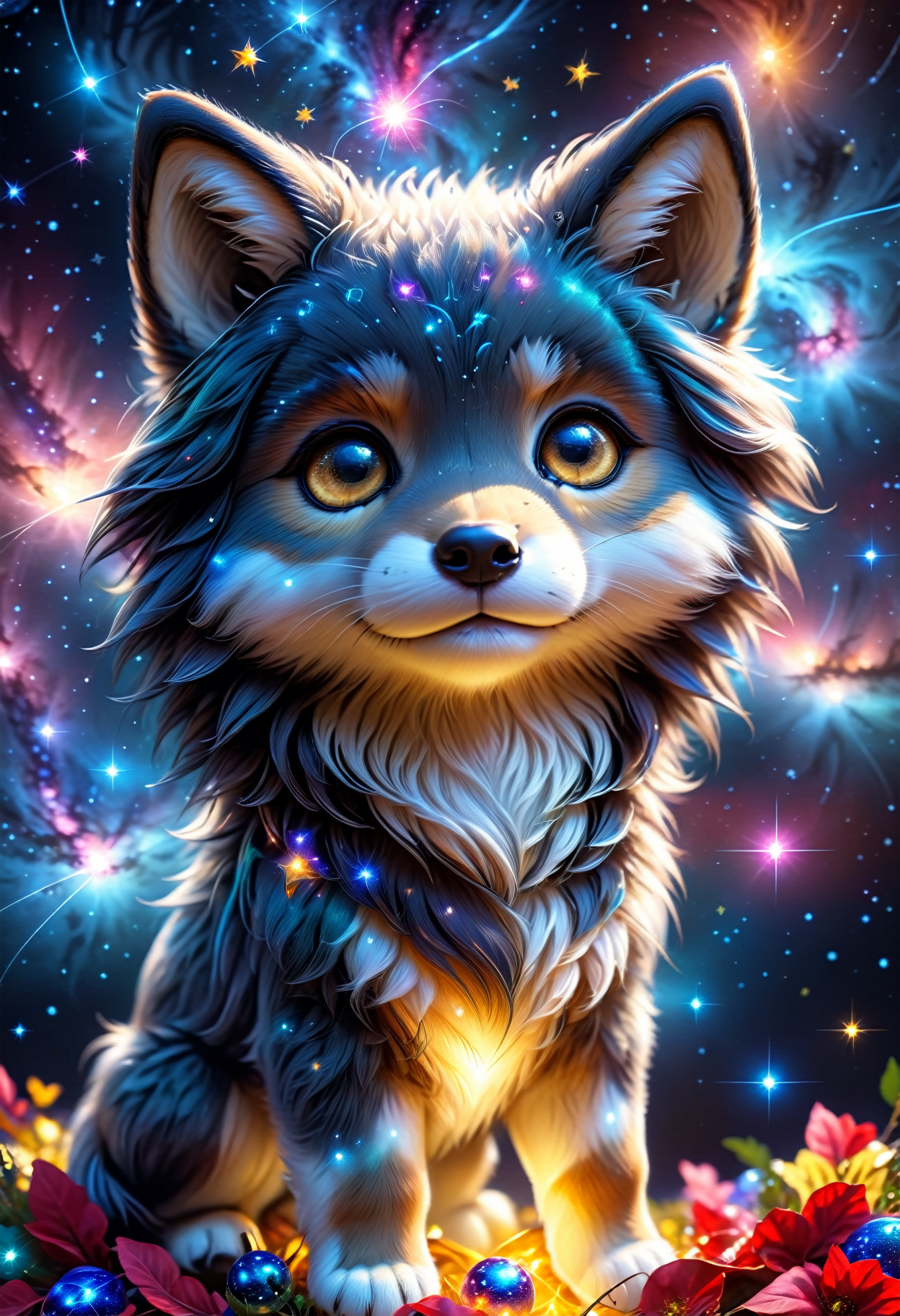 (((videogame_style))), (sharp focus:1.2), lineart, flat color, monochrome, greyscale, depth of field, bokeh, 8k, OLED, 1 baby wulf, being playful, wearing ribbon choker in different colours, different fur, super cute,, The wulf raises its paws towards the viewer, in the galaxy, space wulf flying in the stars,lluminated by the ethereal glow of cosmic lightning, the light is reflecting shadows on the cute animal, for the viewer, it appears alive, as if a glimpse of its inner sparkle is possible, star sky, peacful and grateful atmosphere, painted hearts, magical atmosphere, close up, (((cuteness overload))), <lora:detailed_notrigger:0.9>, zhibi <lora:zhibi:0.8>, <lora:tweak-detail-xl:0.7> <lora:Jed-Cosmos-sdxl:0.7> Jed-Cosmos