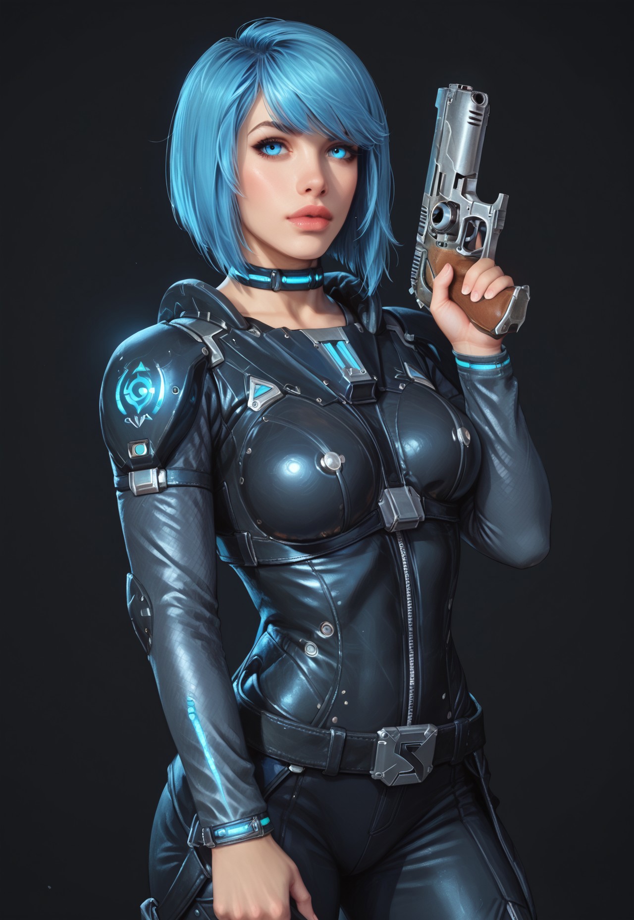 safe_pos, core_9, score_8_up, score_8, semi realistic, ultra detailed, 8k, high quality, hi res, high quality, detailed eyes, perfecteyes, detailed face, 1girl, (1girl:1.2), Nyx from Quake Champions, futuristic assassin outfit, (((pistol in hand))), pale skin, ((glowing bobcut blue hair, side bangs)), realistic, cinematic angle, cinematic lighting, athletic body, intense face, glowing blue eyes, stealthy pose
BREAK
infiltrating a high-tech corporate facility at night
BREAK
source_sci_fi_art, rating_explicit, expressive, half body, front view, ((dynamic pose))
BREAK
detailed beautiful background, futuristic architecture, neon lights, advanced security systems, holographic displays, dark shadows, tense atmosphere
(((full clothed)))