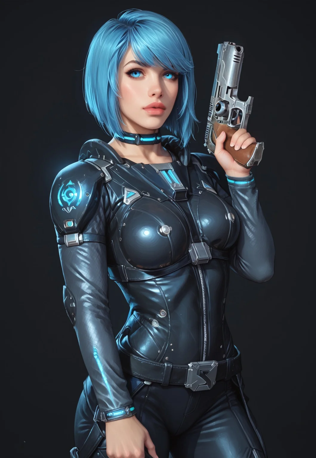safe_pos, core_9, score_8_up, score_8, semi realistic, ultra detailed, 8k, high quality, hi res, high quality, detailed eyes, perfecteyes, detailed face, 1girl, (1girl:1.2), Nyx from Quake Champions, futuristic assassin outfit, (((pistol in hand))), pale skin, ((glowing bobcut blue hair, side bangs)), realistic, cinematic angle, cinematic lighting, athletic body, intense face, glowing blue eyes, stealthy pose
BREAK
infiltrating a high-tech corporate facility at night
BREAK
source_sci_fi_art, rating_explicit, expressive, half body, front view, ((dynamic pose))
BREAK
detailed beautiful background, futuristic architecture, neon lights, advanced security systems, holographic displays, dark shadows, tense atmosphere
(((full clothed)))