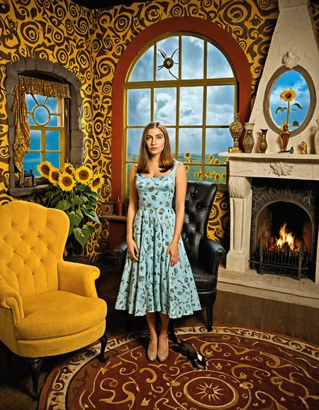 surrealist art  . dreamlike, mysterious, provocative, symbolic, intricate, detailed,
 <lora:peewee-SDXL-v1:1> p33w33, indoors,
A young woman, looking at the viewer, wearing a dress. Indoor scene, surreal background. Chairs, sofa, fireplace, window, and sunflowers.