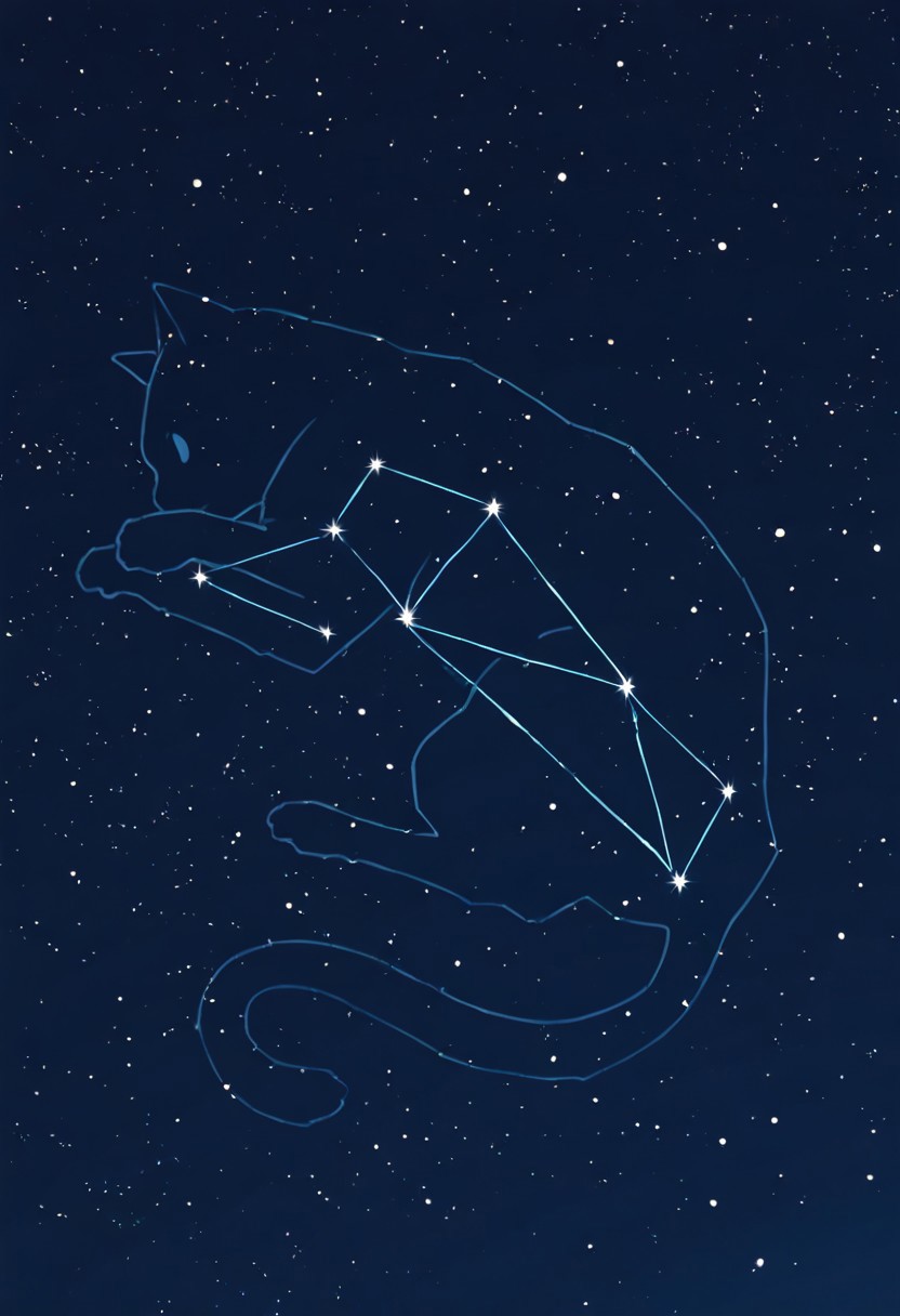 masterpiece, best quality, newest, absurdres, highres, anime, anime style, LSCV1.0, constellation, star (sky), starry sky, night sky, night, starry sky, no humans, animal, animal focus, cat, silhouette, monochrome,