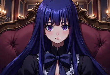 This image is a digital drawing in an anime style, featuring an elagant young woman with deep long blue hair reaching her waist, mysterious purple eyes. The lady wears what appears to be victorian style of dress. She's sitting in a relaxed position in a baroque style room indicating her higher status. bernkastel, long hair, blue hair, purple eyes, Flat colour anime style image showing