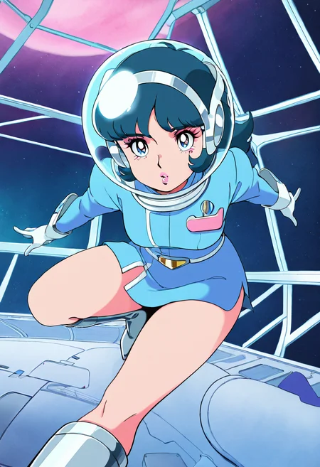 masterpiece, best quality, 1girl, solo, eyelashes, (beautiful eyes), dynamic pose, foreshortening,  [Vintage Sci-Fi Stewardess], retro minidress, metallic trim, chrome boots, bubble helmet, airline pin, glossy lips, pastel makeup, 1960s style, spaceship interior, curved furniture, panoramic space window, kitschy aesthetic,