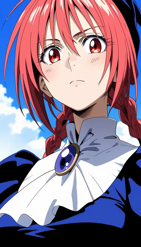 score_9,score_8_up,score_7_up,
<lora:dorothy:1>,doroshii,1girl,solo,
pale skin,red eyes,long pink hair,bangs,two braided pigtails,
black cap,black dress,white collar,mail coach tie,dark purple jewel on tie,
looking at viewer,furrowed brow,closed mouth,
blue sky,
facing viewer,
portrait,