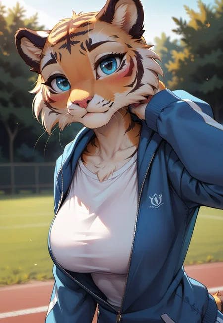 safe_pos, score_9, score_8_up, score_7_up, source_furry, highres, high quality, perfection, masterpiece, detailed, aesthetic, well-lighted,
outdoors, evening, school, sports ground,
1girl, solo, (face focus: 1.2), (close-up: 1.2), front view,
furry female, (anthro tiger girl: 1.2), beautiful girl, cute girl, youthful, young, large breasts, (no hair, hairless, bald), beautiful face, detailed face, perfect eyes, detailed eyes, blue eyes, long tail,
clothed, sportswear, oversized clothes, blue jacket, oversized jacket, long sleeves, zipper, hood up,
looking at viewer, blushing, shy, love, lovestruck,