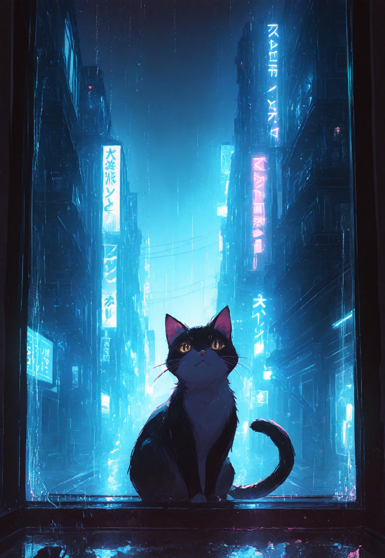 masterpiece, best quality, amazing quality, very aesthetic, absurdres, newest, volumetric lighting, holographic colors, cute, gradient colors, dark background, masterpiece, best quality, amazing quality, very aesthetic, absurdres, newest, volumetric lighting,
masterpiece, highly detailed,detailed eyes, 1cat, perched elegantly by a high apartment window, gazing out at the rain-soaked city streets below; blue-tinted atmosphere with soft reflections of raindrops on the glass and faint neon city lights in the distance; dramatic lighting with silk diffusion