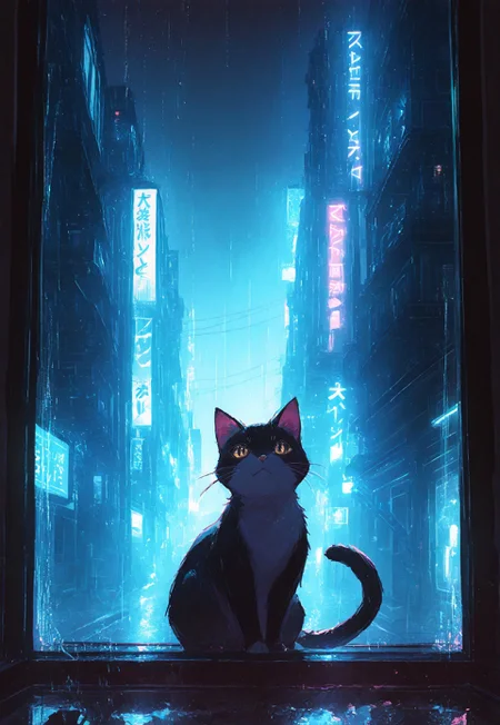 masterpiece, best quality, amazing quality, very aesthetic, absurdres, newest, volumetric lighting, holographic colors, cute, gradient colors, dark background, masterpiece, best quality, amazing quality, very aesthetic, absurdres, newest, volumetric lighting,
masterpiece, highly detailed,detailed eyes, 1cat, perched elegantly by a high apartment window, gazing out at the rain-soaked city streets below; blue-tinted atmosphere with soft reflections of raindrops on the glass and faint neon city lights in the distance; dramatic lighting with silk diffusion