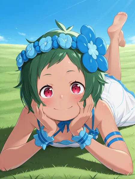 <lora:Typhon Illu:1>1girl, solo,
typh0n, green hair, short hair, dark skin, red eyes,
tdr3ss, head wreath, blue hair flower, sundress, criss-cross halter, blue flower, arm straps, wrist cuffs, blue bowtie, anket, barefoot,
lying, on front, feet up behind, closed smile, blush, hands on face,
blue sky, grass,
full body, cowboy shot,, masterpiece, best quality, amazing quality