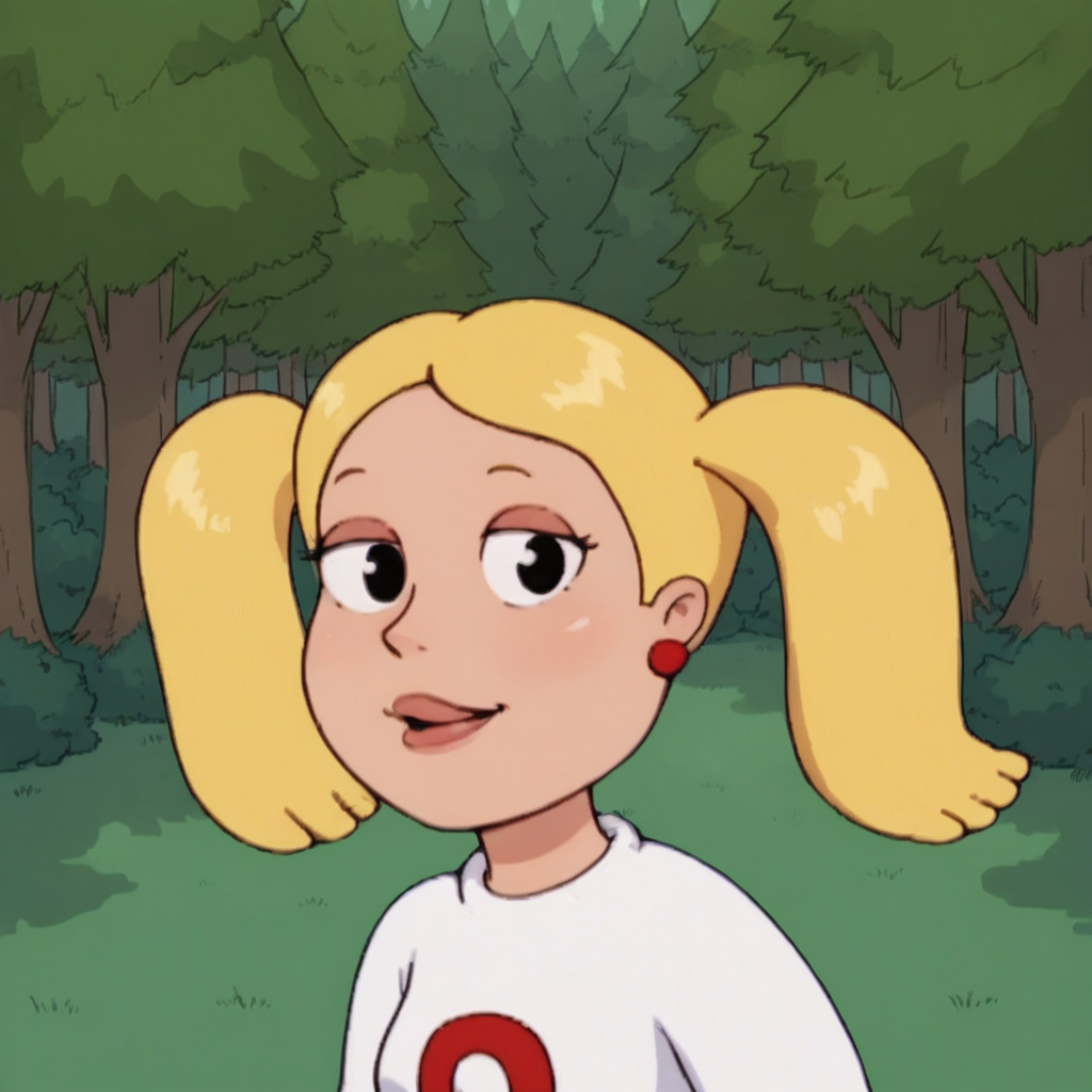 score_9_up, score_8_up, BREAK, UnnamedGirl, 1girl, solo, blonde hair, twintails, black eyes, shirt, upper body, forest,  <lora:UnnamedBlondeTwintailsGirl_FamilyGuy_PXL_Leaf1:1>, looking at viewer,