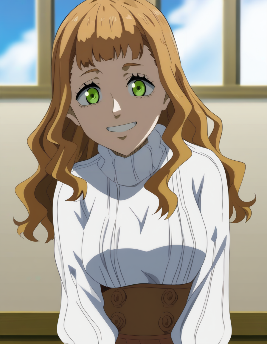 <lora:Mimossa Vermillion:1>, mimossa vermillion, solo, smile, white jumper