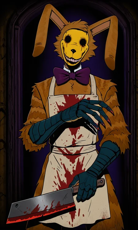 Lorenzo_waterman, claws, bowtie, smile, apron, head tilt, holds bloody cleaver, stance, bloody slash, gradient, monochrome,
intricate, details, detailed, gloomy, dark, <lora:lorenzo-Illustrious-000015:1> <lora:Cthulhuseeker_style_PDXL:1> cthulhuseeker