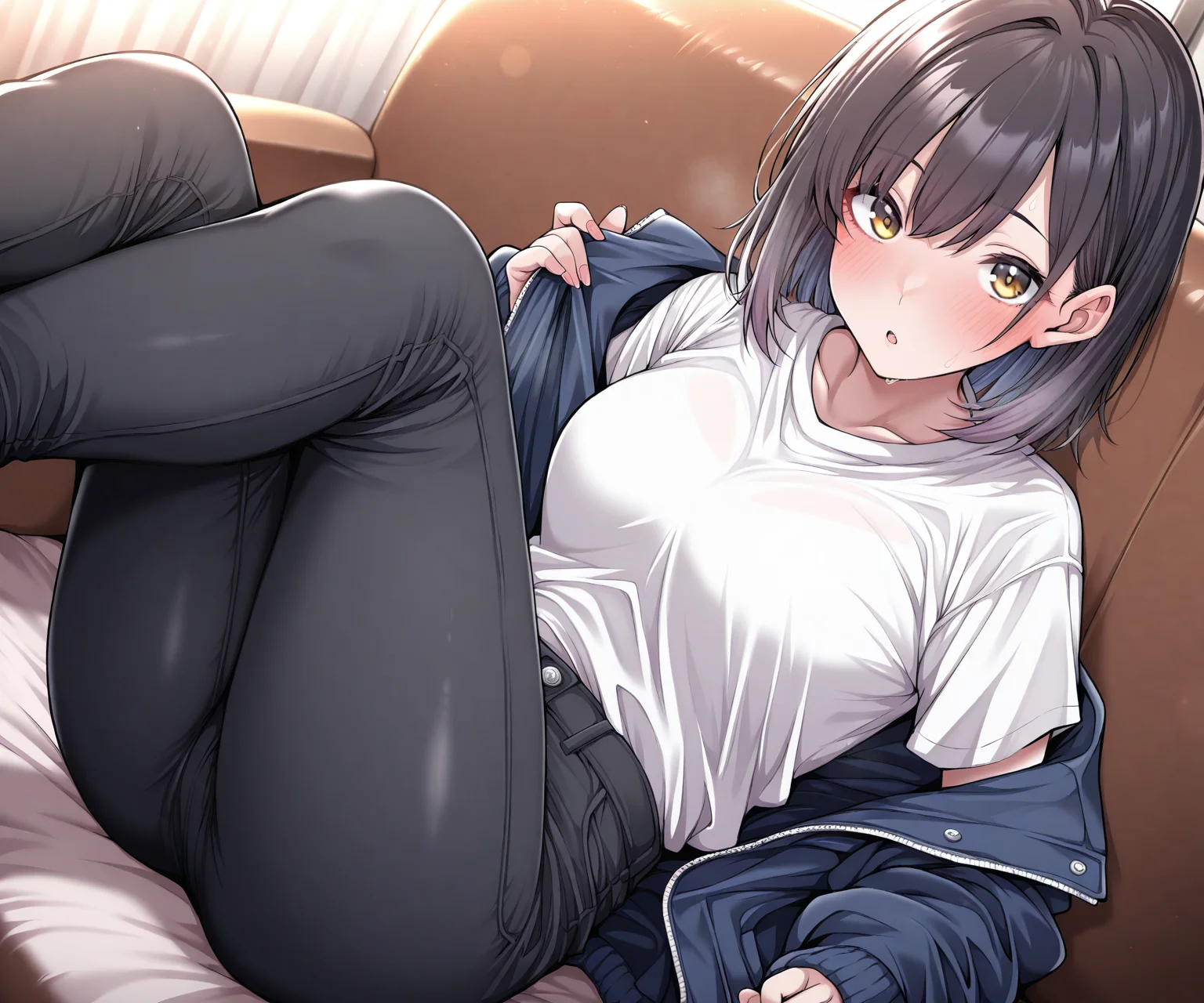 masterpiece, best quality, amazing quality, 1girl, solo, shirt, jacket, pants, looking at viewer, sfw, <lora:Yawano Yawa ILL-v2:1> yawano_yawa