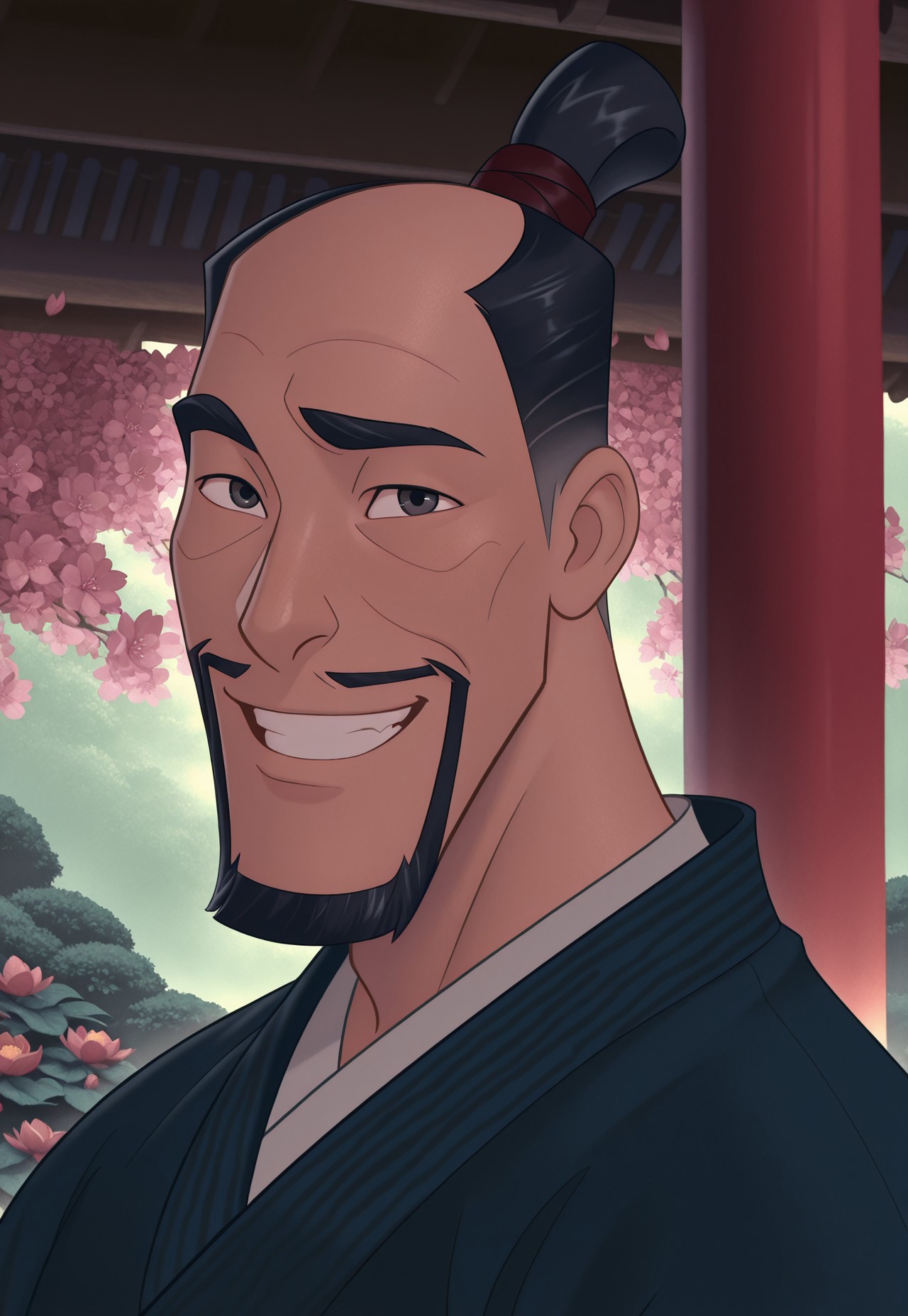 solo, masterpiece, detailed, ultra hd, best quality, 1boy, male, official art, w0lfc0nf, modern, new

DisneyFaZhou, black hair, facial hair, beard, topknot, japanese clothes, portrait, looking at viewer, smiling, japanese garden