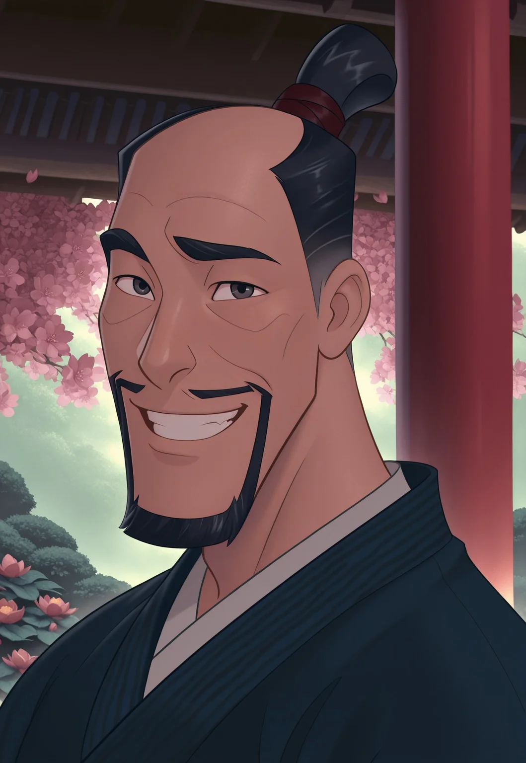 solo, masterpiece, detailed, ultra hd, best quality, 1boy, male, official art, w0lfc0nf, modern, new
DisneyFaZhou, black hair, facial hair, beard, topknot, japanese clothes, portrait, looking at viewer, smiling, japanese garden