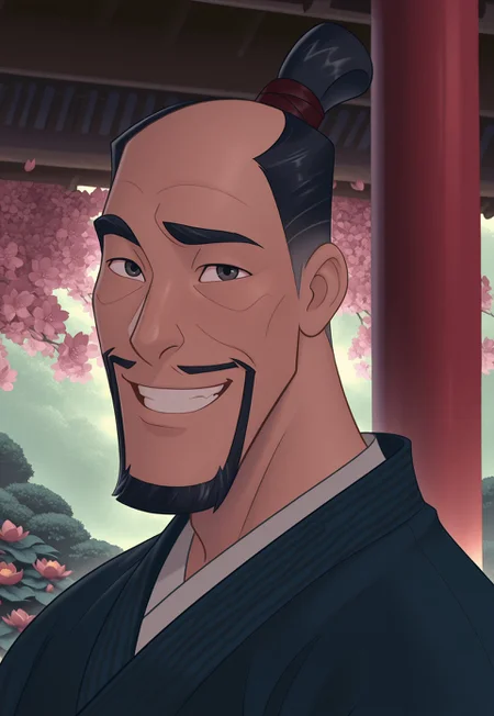 solo, masterpiece, detailed, ultra hd, best quality, 1boy, male, official art, w0lfc0nf, modern, new

DisneyFaZhou, black hair, facial hair, beard, topknot, japanese clothes, portrait, looking at viewer, smiling, japanese garden