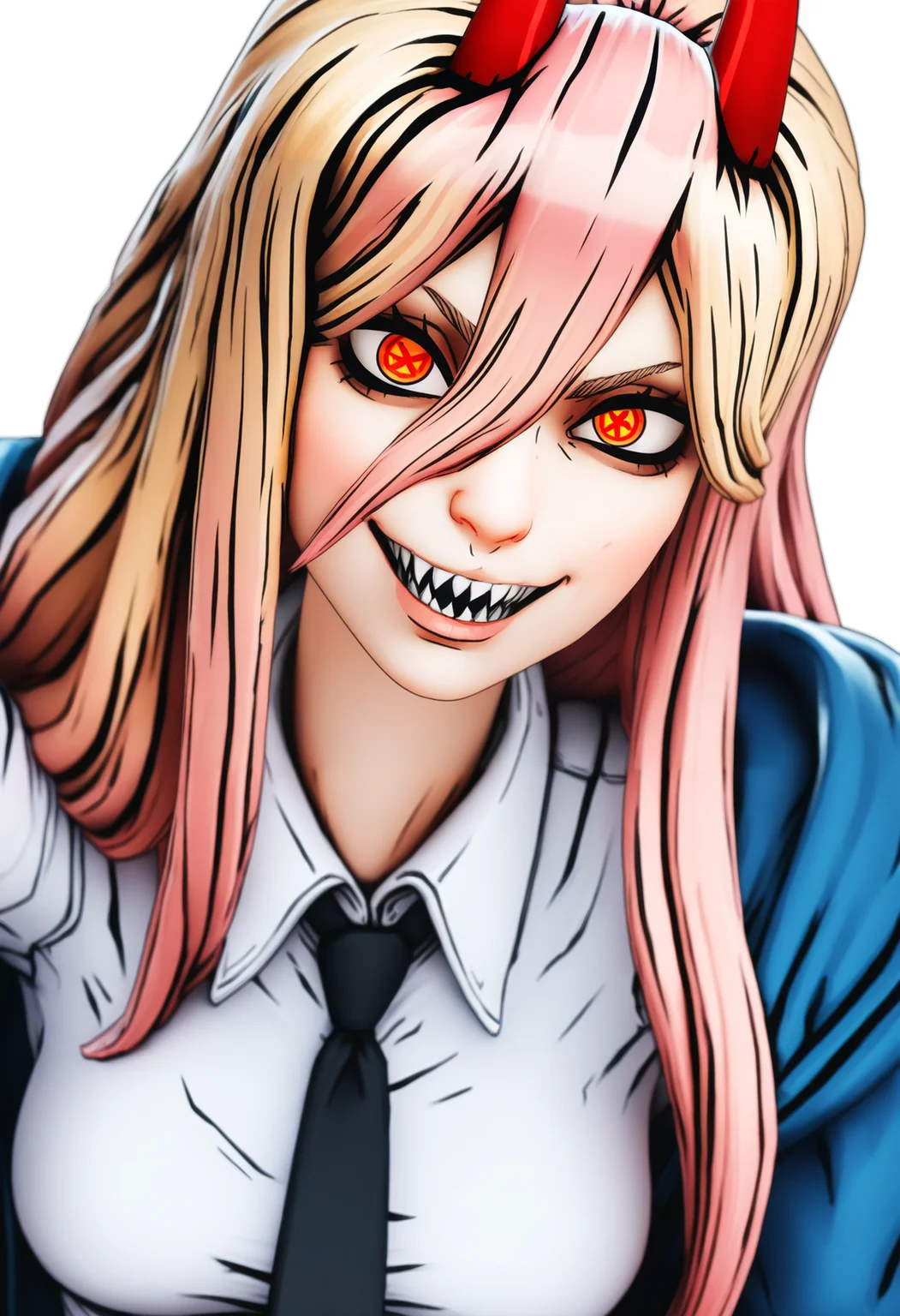 best quality, amazing quality, very aesthetic, absurdres,
1girl, power \(chainsaw man\), pink hair, blonde hair, red horns, red eyes, cross-shaped pupils, long hair, sharp teeth, hair between eyes, symbol-shaped pupils,
collared shirt, black necktie, long sleeves,
looking at viewer, white shirt, open mouth,
simple background, white background, smile, upper body, <lora:BorderlandsNoobLocon_byKonan:1>