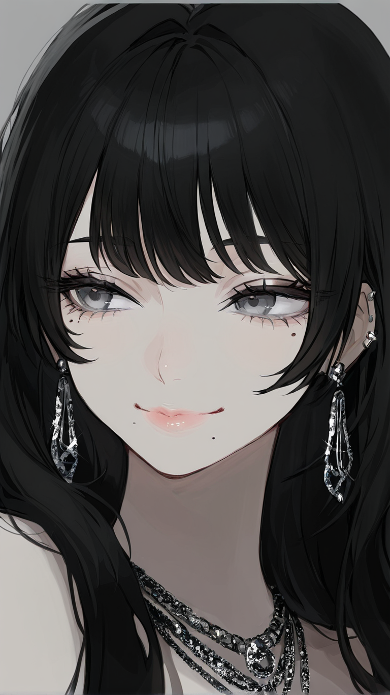 1girl, solo, long_hair, looking_at_viewer, smile, bangs, simple_background, black_hair, jewelry, closed_mouth, earrings, grey_background, mole, lips, grey_eyes, mole_under_eye, piercing, border, portrait, mole_under_mouth