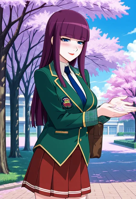 score_9,score_8_up,score_7_up,source_anime,5_figner,2d_animation,game cg,BREKE,1girl,solo,
Loretta Lecarde,purple hair,blunt bangs,hime cut,blue eyes,long hair,red lips.School Uniform,long sleeves,school uniform,pleated skirt,blue necktie,green jacket,emblem,red skirt,navyblue socks,loafer,bag,
blush,smile,embarrassing,cowboyshot,
bluesky,cloud,school,cherry blossoms,outdoor,
masterpiece,best qualit,ultra-detailed,illustration,an extremely delicate and beautiful,beautiful detailed eyes,unity 8k wallpaper,high resolution,anime CG,official_art,