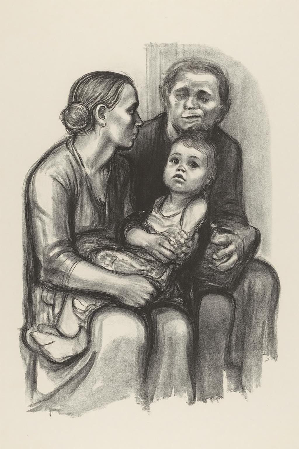 kako1 black and white charcoal drawing. This is a black and white drawing created using a charcoal medium, depicting a poignant scene of a family. The drawing features a mother, a father, and two children. The mother, seated on the left, is holding a baby on her lap. She has her hair pulled back and is wearing a long, simple dress. The baby, wrapped in a blanket, looks up at the viewer with a curious expression. <lora:kako1_litho_nocap_d6a3:1.0><lora:814726129211424572:0>