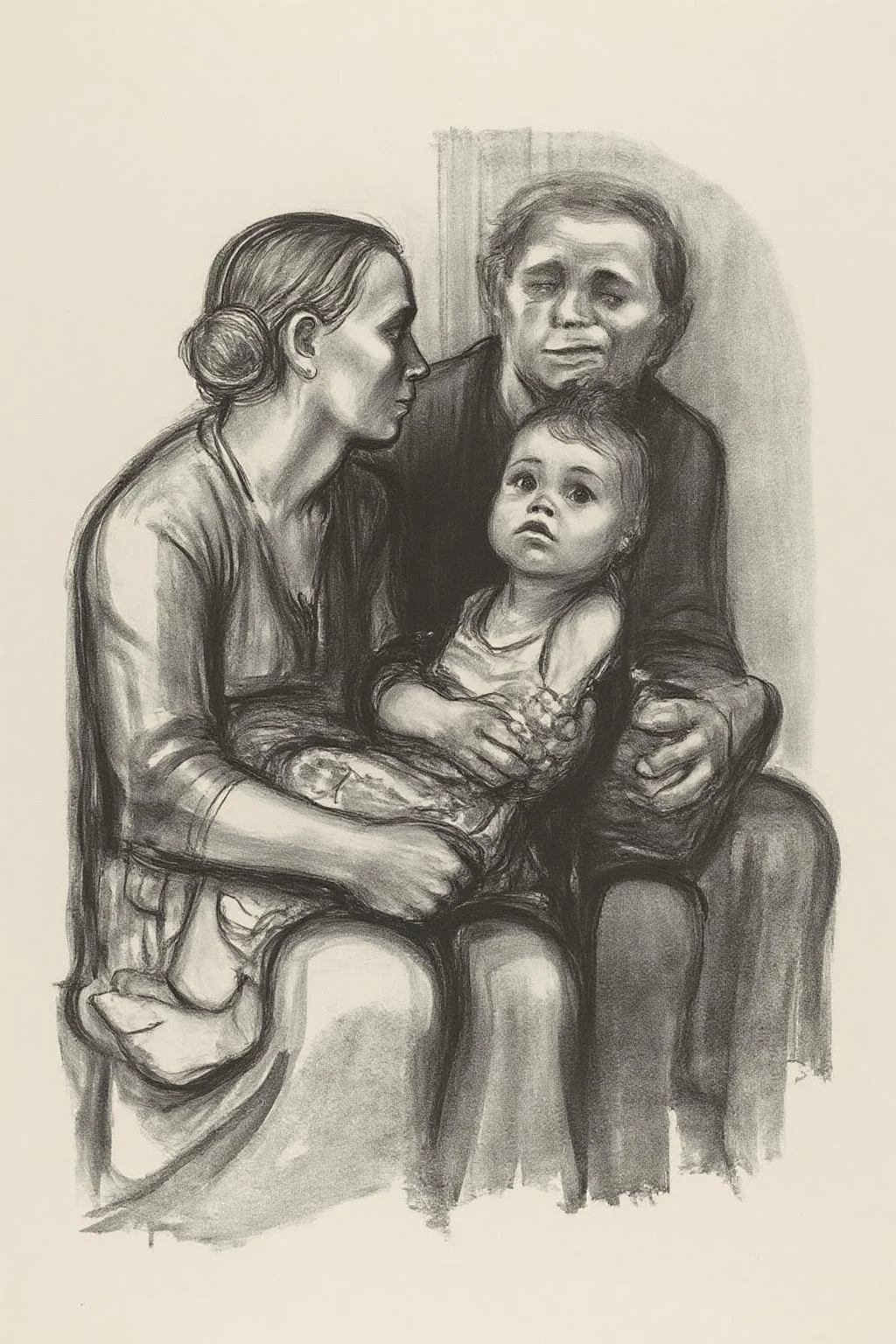 kako1 black and white charcoal drawing. This is a black and white drawing created using a charcoal medium, depicting a poignant scene of a family. The drawing features a mother, a father, and two children. The mother, seated on the left, is holding a baby on her lap. She has her hair pulled back and is wearing a long, simple dress. The baby, wrapped in a blanket, looks up at the viewer with a curious expression. <lora:kako1_litho_nocap_d6a3:1.0><lora:814726129211424572:0>
