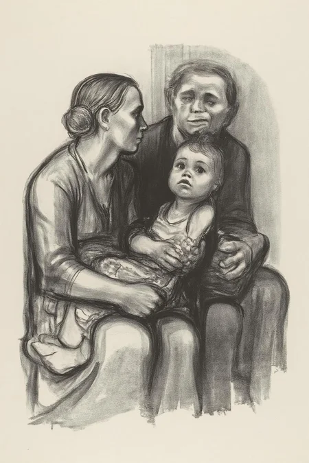 kako1 black and white charcoal drawing. This is a black and white drawing created using a charcoal medium, depicting a poignant scene of a family. The drawing features a mother, a father, and two children. The mother, seated on the left, is holding a baby on her lap. She has her hair pulled back and is wearing a long, simple dress. The baby, wrapped in a blanket, looks up at the viewer with a curious expression. <lora:kako1_litho_nocap_d6a3:1.0><lora:814726129211424572:0>
