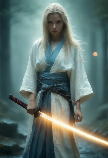 score_9, score_8_up, score_7_up, score_6_up, woman, pale skin, shoulder length hair, straight blonde hair, blue eyes, thin lips, slender, athletic, thick thighs, holds a katana in his left hand, ripped white kimono, graveyard background, night time, cinematic lighting, highly detailed background, high quality photography, masterpiece, high resolution, cinematic photo, DarkAtmosCE