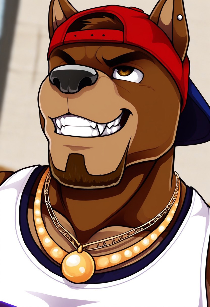 <lora:FletcherV1:1>, fletcher, dog boy, pitbull, brown fur, short hair, facial hair, tail, brown eyes, perfecteyes, muscular male, bara, athletic build, long torso, furry male, furry, 1boy, solo, beautiful, hyper-detailed, highres, depth of field, very aesthetic, vibrant colors, high sharpness, soft shading, dynamic angle, cinematic lighting, detailed background, white tank top, red shorts, backward red baseball cap, gold jewelry, necklace, close up, grin, fangs, cross arms, from above