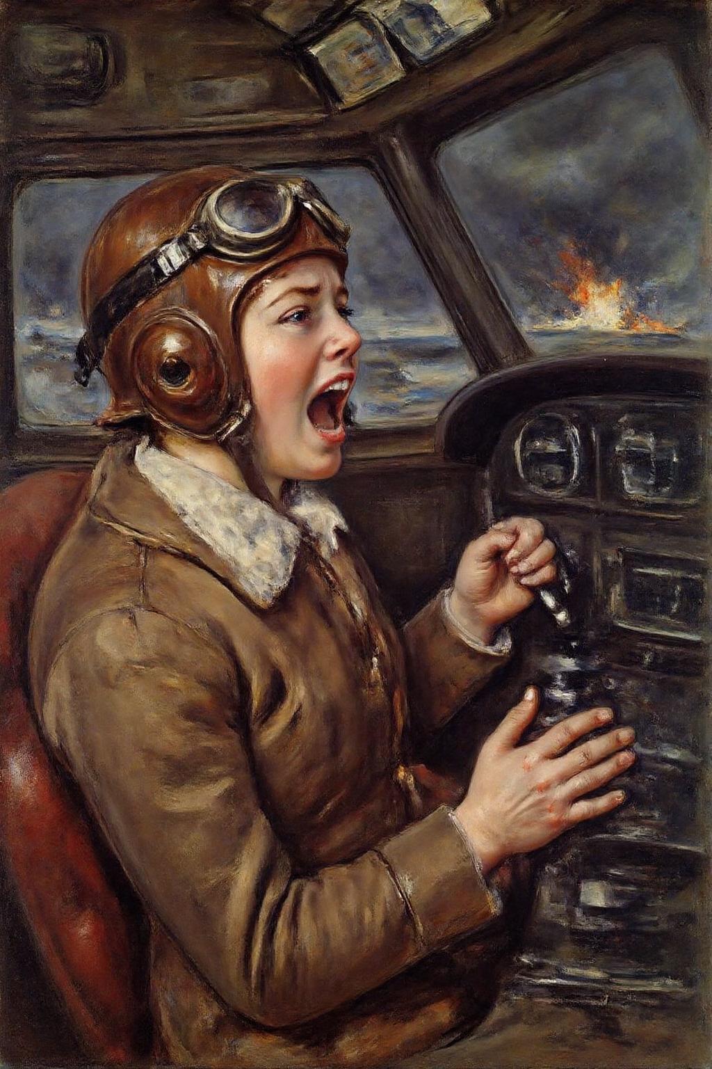 marycassatt1 painting.
A female pilot screaming inside the cockpit of a World War II bomber. The pilot, wearing a vintage leather flight helmet with goggles and a bomber jacket, grips the controls with white-knuckled hands. Her face is contorted in a mix of fear and determination as she yells, her eyes wide with adrenaline. The cockpit is cramped and filled with old-fashioned dials and gauges, with the outside view showing dark stormy clouds and distant anti-aircraft fire 
 <lora:marycassatt1_cap_d6a3e17:1.0><lora:833900641337228812:0>