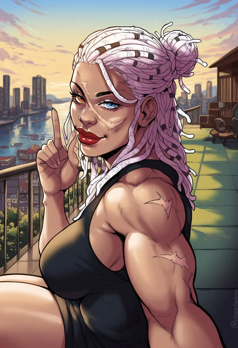 detailed face, detailed eyes, high resolution, intricate design, sharp edges, smooth, high detailed, god level, good proportions, detailed fingers
...
(Andrea, 1girl, scar on face, scar across eye, white hair, dreadlocks, single hair bun. heterochromia, left orange eye, right blue eye, muscular female, black loin dress, single sleeve, jewelry, lipstick, huge thighs)
...
looking at viewer, sitting, crossed legs, side view, close up, thighs up, selfie
...
score_10, score_9, score_8, 1girl, solo, alone, cinematic, sketch
...
outdoors, buildings, night