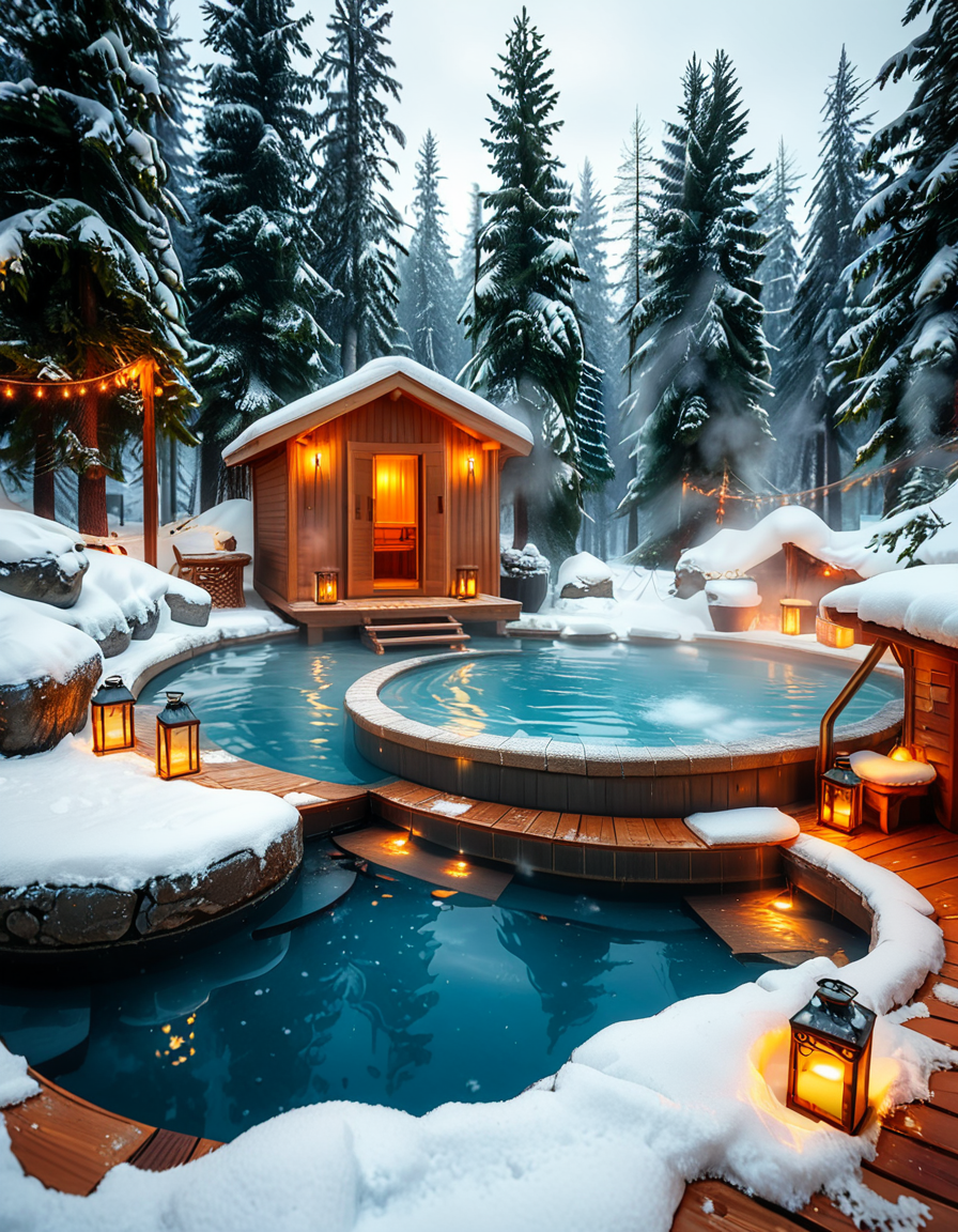 A breathtaking Nordic spa in the heart of a snowy forest, surrounded by tall evergreen trees. The scene captures a steaming outdoor hot pool with crystal-clear water, reflecting the soft glow of ambient lighting. A rustic wooden cabin with a snow-covered roof stands nearby, serving as a relaxation area. Wooden lounge chairs with neatly folded white towels are placed around the pool. A stone pathway, lightly dusted with snow, leads to the water, illuminated by warm, soft lanterns. A few people are seen enjoying the spa, some wrapped in cozy robes while others relax in the steaming water. The atmosphere is serene and tranquil, with mist rising from the hot pool, contrasting with the cold winter air. The lighting is warm and inviting, creating a perfect balance between natural beauty and luxurious comfort.
<lora:SDXLFaeTastic2400:0.4> <lora:extremely_detailed:0.4> extremely detailed, <lora:Nordic_sp4:1>,Nordic sp4, Masterpiece,best quality,hi res,8k,hi res,8k,award winning,(sharp focus, intricate, highly detailed),