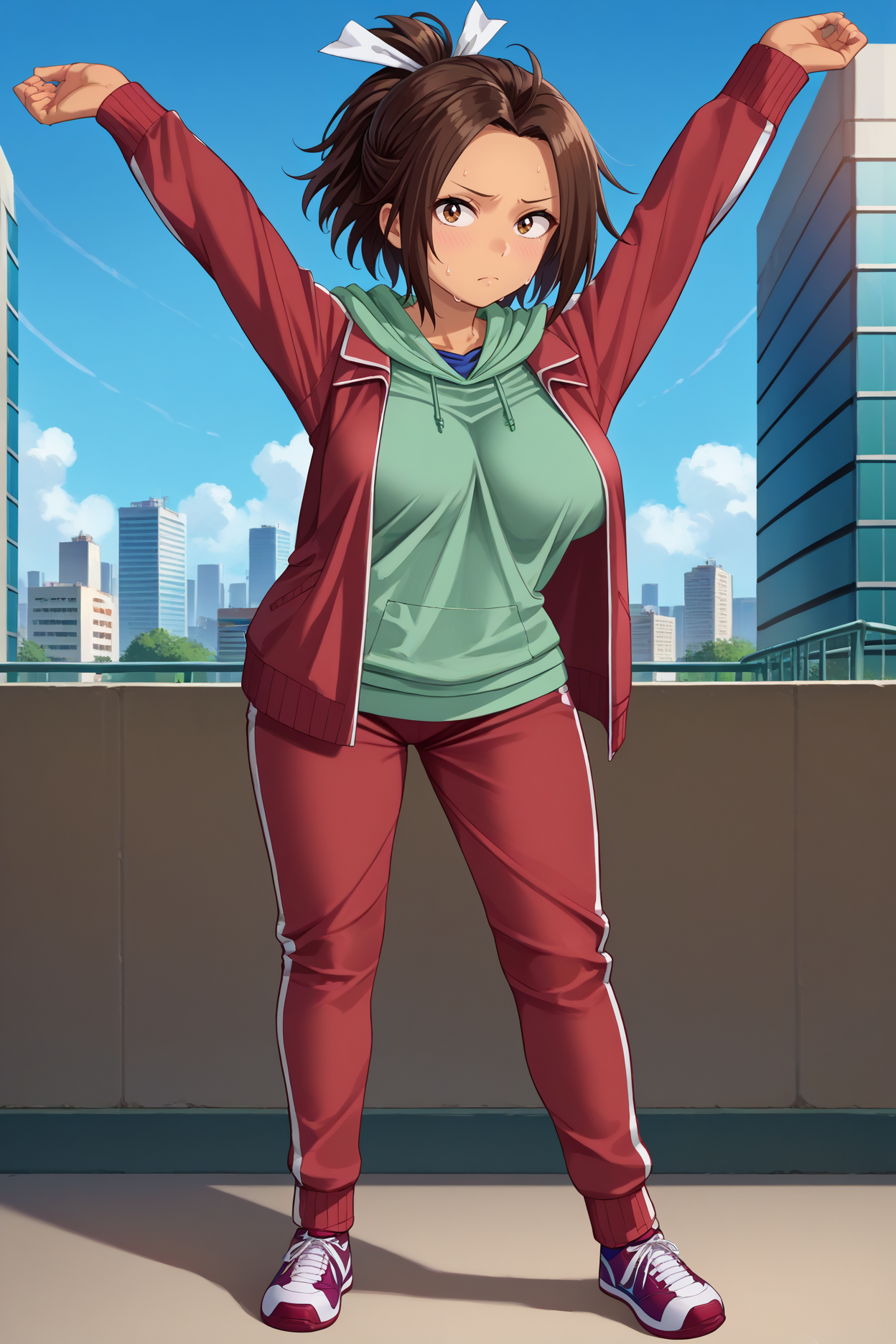 score_9, score_8_up, score_7_up, score_6_up, source_anime, 1girl, solo <lora:hikarihazakura-pdxl-nvwls-v1-000006:1> hazakura, brown hair, short ponytail, short hair, brown eyes, tan, hair ribbon, red jacket, green hoodie, track pants, red pants, large breasts, sneakers, full body, stretching, blue sky, city, sweat, blush, looking at you, standing